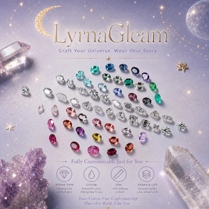 May include: An advertisement for LyraGleam jewelry features a collection of gemstones in various colors and cuts. The image includes text that reads "Craft Your Universe. Wear Your Story." and "Fully Customizable Just for You."