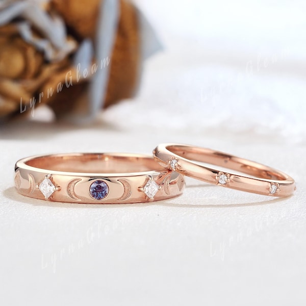 2 Stk Mond Gravur Paare Ring Set Rose Gold Alexandrit Mond Ehering Moissanit Ehering Set Seine und Ihre Ringe Handgemachter Schmuck