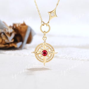 Unique Ruby Sun Pendant Necklace Compass Ruby Necklace Celestial Jewelry Yellow Gold North Star Starburst Necklace Anniversary Gift for Her