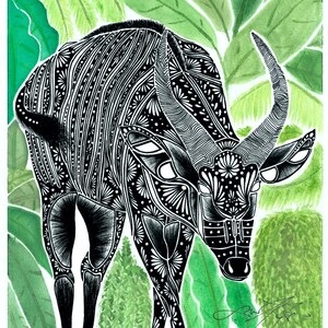 May include: Black and white line art illustration of a bull standing in a green leafy jungle. The bull is drawn in a detailed, intricate style with a patterned body and horns.