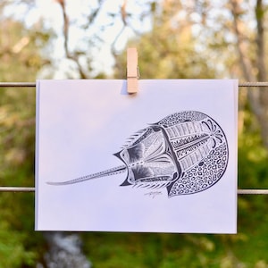 Puede incluir: Ilustración en blanco y negro de un cangrejo herradura, con patrones detallados, sobre papel blanco. La obra de arte está sujeta por una pinza de madera en un alambre, sobre un fondo natural borroso.