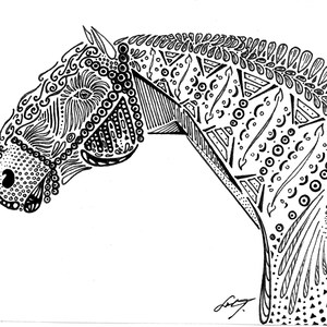 May include: Black and white line art drawing of a horse's head with intricate patterns and designs.
