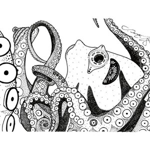 Puede incluir: Dibujo en blanco y negro de una línea de un pulpo con sus tentáculos enroscados alrededor de sí mismo. El pulpo tiene ojos grandes y redondos y un cuerpo detallado y texturizado.