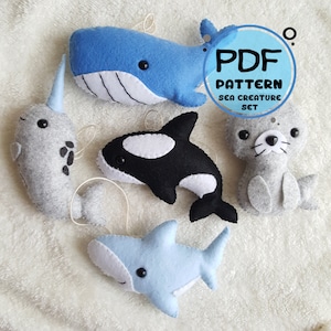 Sea Creature Set Felt PDF Pattern, animal PDF tutorial, Easy Diy, Make Your Own, sea animals, whale, shark, narwhal, seal, orca,killer whale