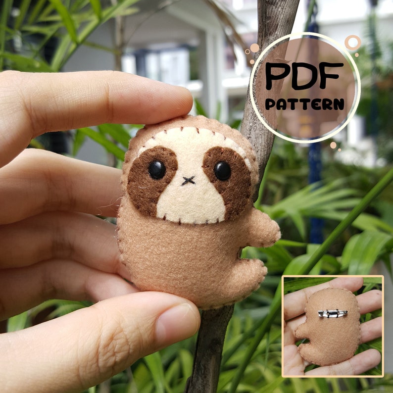 Sloth Brooch Felt PDF Pattern animal PDF tutorial Easy Diy Etsy