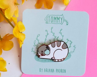 Cute Cat Pin- Tommy the Headphone Cat Enamel Pin -  White/brown/teal, Hard Enamel Pin, Cat pins, Cute pins, Lapel pins