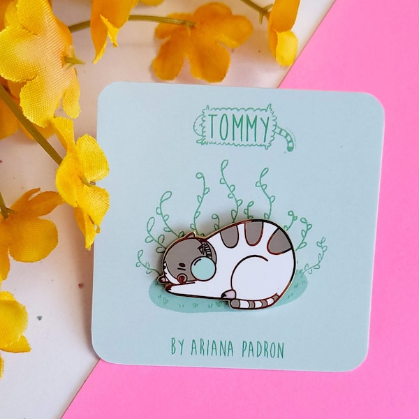 Cute Cat Pin- Tommy the Headphone Cat Enamel Pin -  White/brown/teal, Hard Enamel Pin, Cat pins, Cute pins, Lapel pins