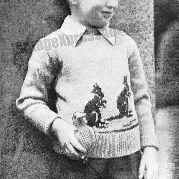 Kangaroo Motif Australia Child's Sweater Knitting Pattern 1940's Vintage Fair Isle 3 ply Pullover Jumper PDF Instant Download file