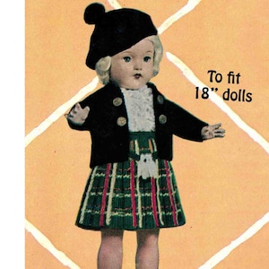 May include: A doll wearing a black beret, jacket, and a green, red, and white plaid skirt. The doll is wearing white socks and shoes. The text on the image reads "To fit 18" dolls."