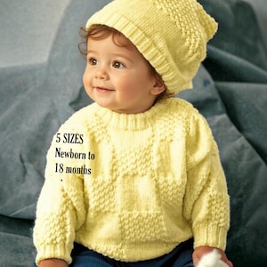 Baby Sweater Hat Socks Knitting Pattern 5 sizes Textured Checkerboard Jumper Cap 0-18m Toddler 4 ply (PDF download ENGLISH)