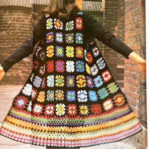 Vintage Granny Squares Long Coat Sleeveless 1970's Crochet Pattern in ENGLISH Vest Waistcoat PDF Digital Download