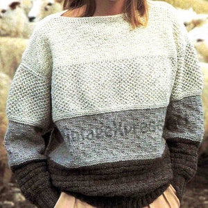 Padrão de tricô para suéter feminino com estampas variadas em inglês, tom sobre tom, tamanho 4 (80-95 cm), fio DK 8 ply light worsted, download digital em PDF.