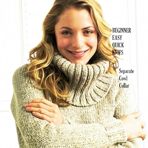 May include: A beige knit sweater featuring a thick, ribbed cowl collar. The text "BEGINNER EASY QUICK KNITS" and "Separate Cowl Collar" is printed on the right side. The garment has long sleeves and a textured, chunky knit construction.