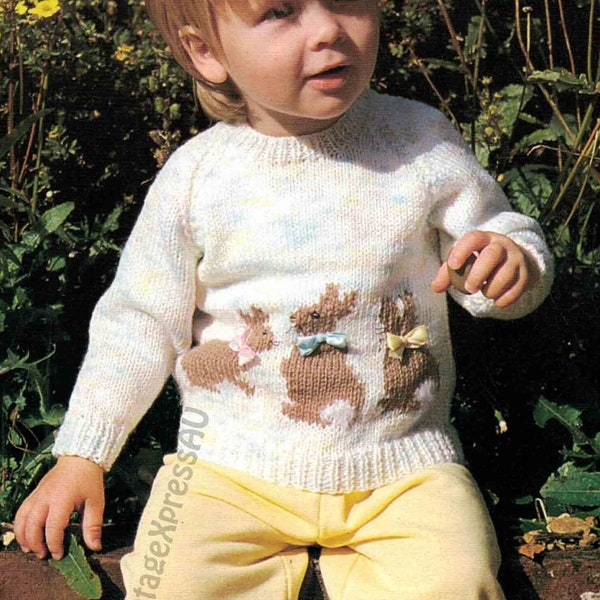 Bunny Rabbits Child's Sweater knitting pattern in ENGLISH 8 ply Bunnies with Bows children 18-24" 46-61cm PDF digital download