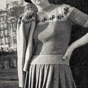 Lady&#39;s Twinset trimmed with Roses Fair Isle 3 ply fingering Knitting Pattern Vintage 1950&#39;s Cardigan & Striped Sweater PDF Download ENGLISH