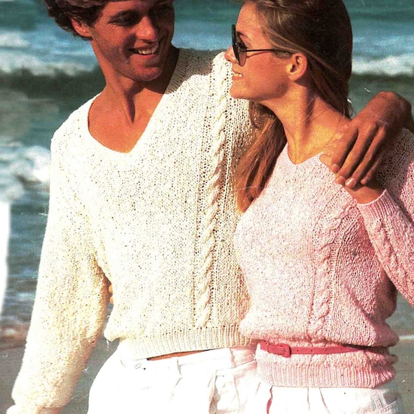 Cotton Cable Knit Sweaters knitting pattern in ENGLISH Lady and Man Summer Beachwear Vintage PDF Digital Download