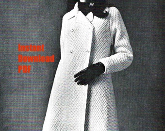 Ladies Knitted COAT knitting pattern 4 sizes 32-38in 81-96.5cm Chunky 12 ply Vintage 1950's Long Overcoat Crochet edges PDF download ENGLISH