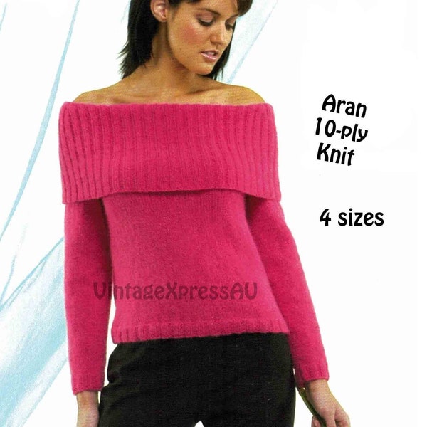 Off Shoulder sweater knitting pattern in ENGLISH Fold down collar Women's 4 sizes Aran 10 ply Pullover Jumper PDF digital download