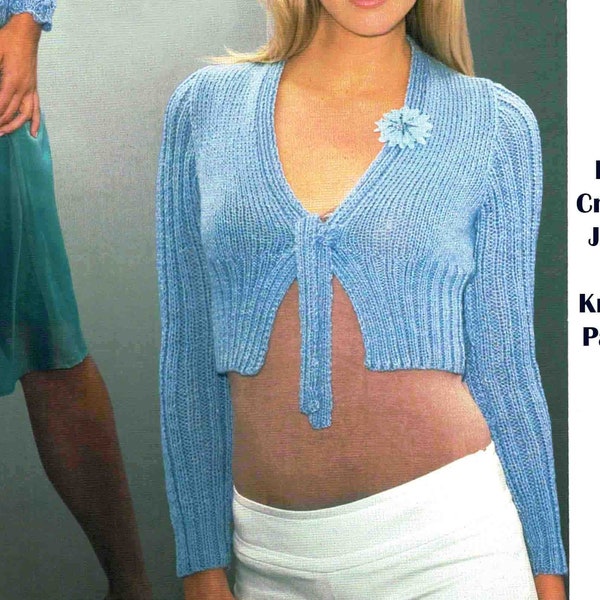 Tie Front Cropped Jacket Cardigan Knitting Pattern in ENGLISH Women's 6 sizes 65-115cm Crop Top Worsted 10 ply PDF Download Digital