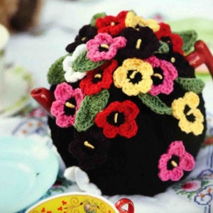 Teapot Cosy with Pansies Crochet Pattern in ENGLISH 8 ply Crocheted Pansy Teapot Cosie Flowers PDF Digital download