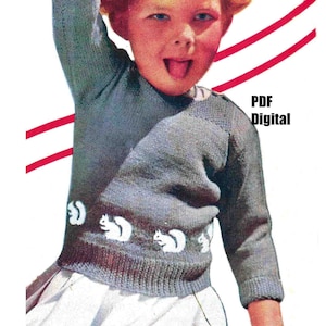 Childs Sweater Squirrel Fair Isle border Knitting Pattern 1940s Vintage 4 ply fingering Unisex Jumper PDF Download File