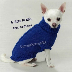 Dog Coat 6 sizes knitting pattern in English ~ Cable back Roll neck Sweater ~ 8 ply DK/light worsted XS-XXL Chest 23-69cms Digital download