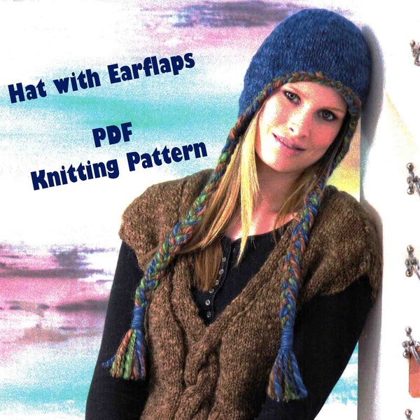 Hat with Earflaps Knitting Pattern in ENGLISH Chunky Easy Knit Plaits Women's 56cm PDF Digital Download