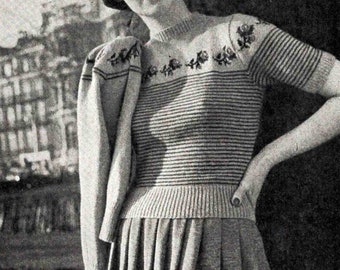 Lady's Twinset trimmed with Roses Fair Isle 3 ply fingering Knitting Pattern Vintage 1950's Cardigan & Striped Sweater PDF Download ENGLISH
