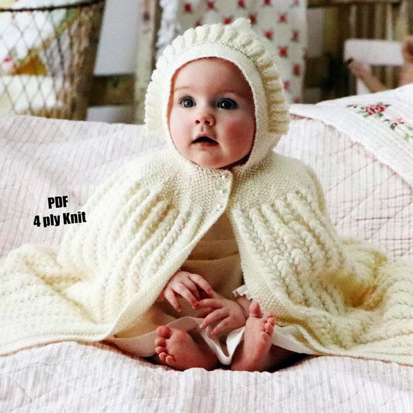Baby Hooded Cape Knitting Pattern in ENGLISH 4ply Cape with Hood 0-6 months Heirloom PDF Digital Download