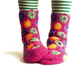 SOCKS Crochet Pattern in ENGLISH Hexagons & Half Hexagons Crocheted 4 ply Socks Girl 6-10 yrs foot 20cm and Woman 24cm PDF digital download