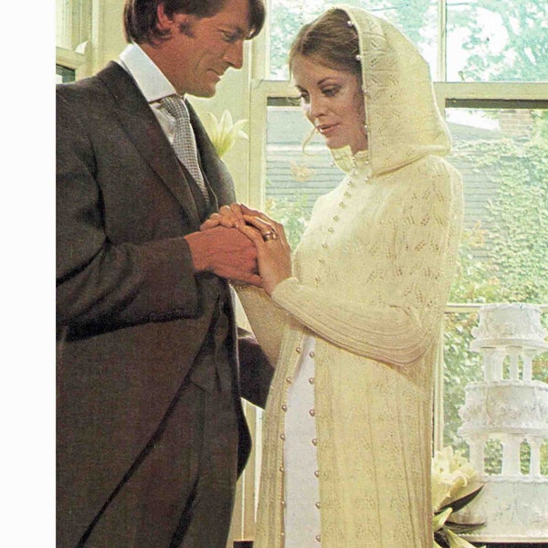 Bridal Cloak Dress with optional Hood knitting pattern 4 ply 2 sizes 34-36" Bride's Dress Wedding Coat 1970's Vintage PDF digital download