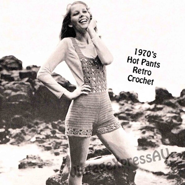 Hot Pants Crochet pattern Retro 1970's Women's 2 sizes 32-35" bust Flower patterned Bib front & Shorts hem PDF digital download