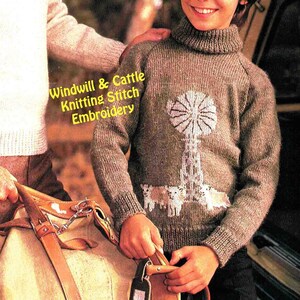 Country Picture Knitting Pattern in ENGLISH Sweater Child or Adult Unisex 8 ply Farm Windmill Cows Ranch PDF Digital Download