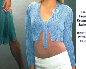 Patrón de punto para cárdigan corto con lazo frontal, 6 tallas para mujer (65-115 cm), top corto, lana peinada de 10 cabos, descarga en PDF en INGLÉS.