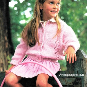 Girl&#39;s Cardigan Eyelet Openwork knitting pattern 12 ply Children 2-8 years 4 sizes 22-28 inch 55-70cm PDF Vintage Digital download