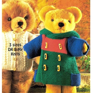 Modello di maglia per giacca Teddy Bear Aran Cable e cappotto Duffle con cappuccio in 3 taglie, altezza 38-48 cm Toy Teddies DK 8 ply PDF scaricabile in INGLESE