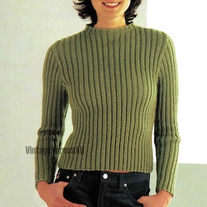 Ribbed Sweater Jumper Knitting Pattern in ENGLISH Lady&#39;s 4 sizes DK / 8 ply Round Neck Set in Sleeves 75-110cm PDF Digital download