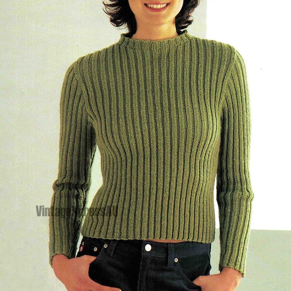 Ribbed Sweater Jumper Knitting Pattern in ENGLISH Lady's 4 sizes DK / 8 ply Round Neck Set in Sleeves 75-110cm PDF Digital download