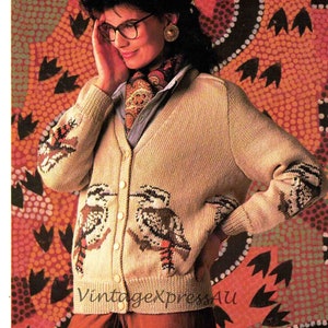 Lady&#39;s KOOKABURRA Cardigan to Knit 8 ply Pattern Australian Bird Knitting Stitch Embroidery PDF Digital Download 75-110cm