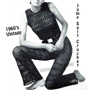 May include: A black crochet jumpsuit with a wide-leg silhouette. The jumpsuit is sleeveless and has a scoop neckline. The image is labeled "1960's Vintage" and "Jump Suit Crochet".