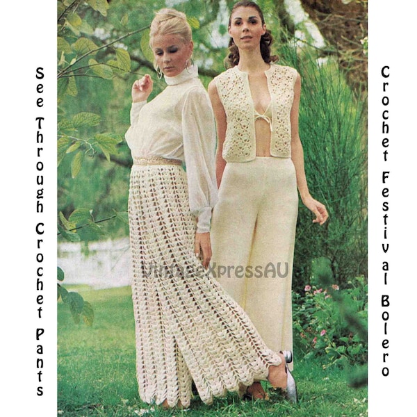 Open-work Pants & Festival Bolero Women's crochet pattern in ENGLISH Vintage 1970's Retro Bohemian PDF digital download