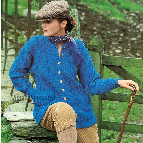 Cardigan Jacket with Pockets Women's knitting pattern in ENGLISH 8 ply Lady's 5 sizes 32-40" 81-102cm Long-line Leaf Panels PDF download