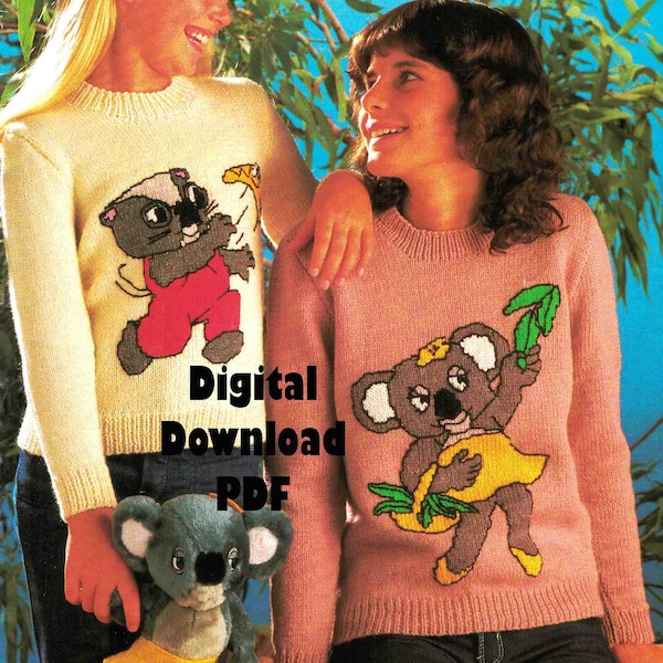 Australian Animals Sweaters Jumpers Knitting Pattern Vintage 2 graphs Wombat with Boomerang & Koala, Multi size 51-76cm Australia