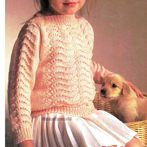 Sweater Feather-and-Fan Panels Knitting Pattern Girl's 1-5 years DK / 8 ply PDF Digital Download