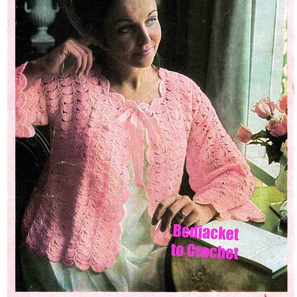 Bed Jacket Crochet Pattern in ENGLISH Vintage 3 ply Lady's 32" or 38" bust Shell Stitch Bedjacket PDF Digital Download Instant