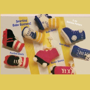 May include: A set of 5 knitted baby bootie patterns, including football boots, roller skates, gym boots, baby boks, and a pair of trainers. The patterns are for 5 ply knitting yarn.