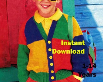 Colour Block Cardigan Child's 1 - 14 years Knitting Pattern in ENGLISH 8 ply DK Raglan Sleeves Unisex Vintage PDF Instant Download