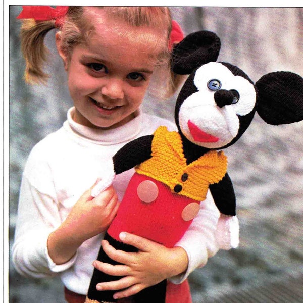 Mickey Mouse Doll Knitting Pattern 8 Ply Vintage 1970's Child's Soft Toy to Knit 41cm high PDF Digital Download file