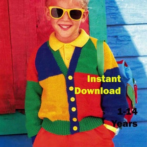 Cardigan a blocchi di colore bambino 1 - 14 anni modello di lavoro a maglia in INGLESE 8 strati DK maniche raglan unisex Vintage PDF Download immediato