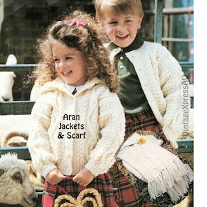 Aran Jacket with Hood or Collar & Scarf knitting pattern Child&#39;s 4 sizes 50-65cm 20-26&quot; Worsted 10 ply PDF digital download